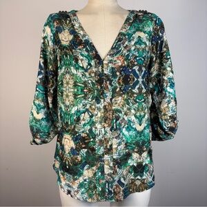 ❤️ Zara Green Jewel Kaleidoscopic Print V-Neck Blouse Boho